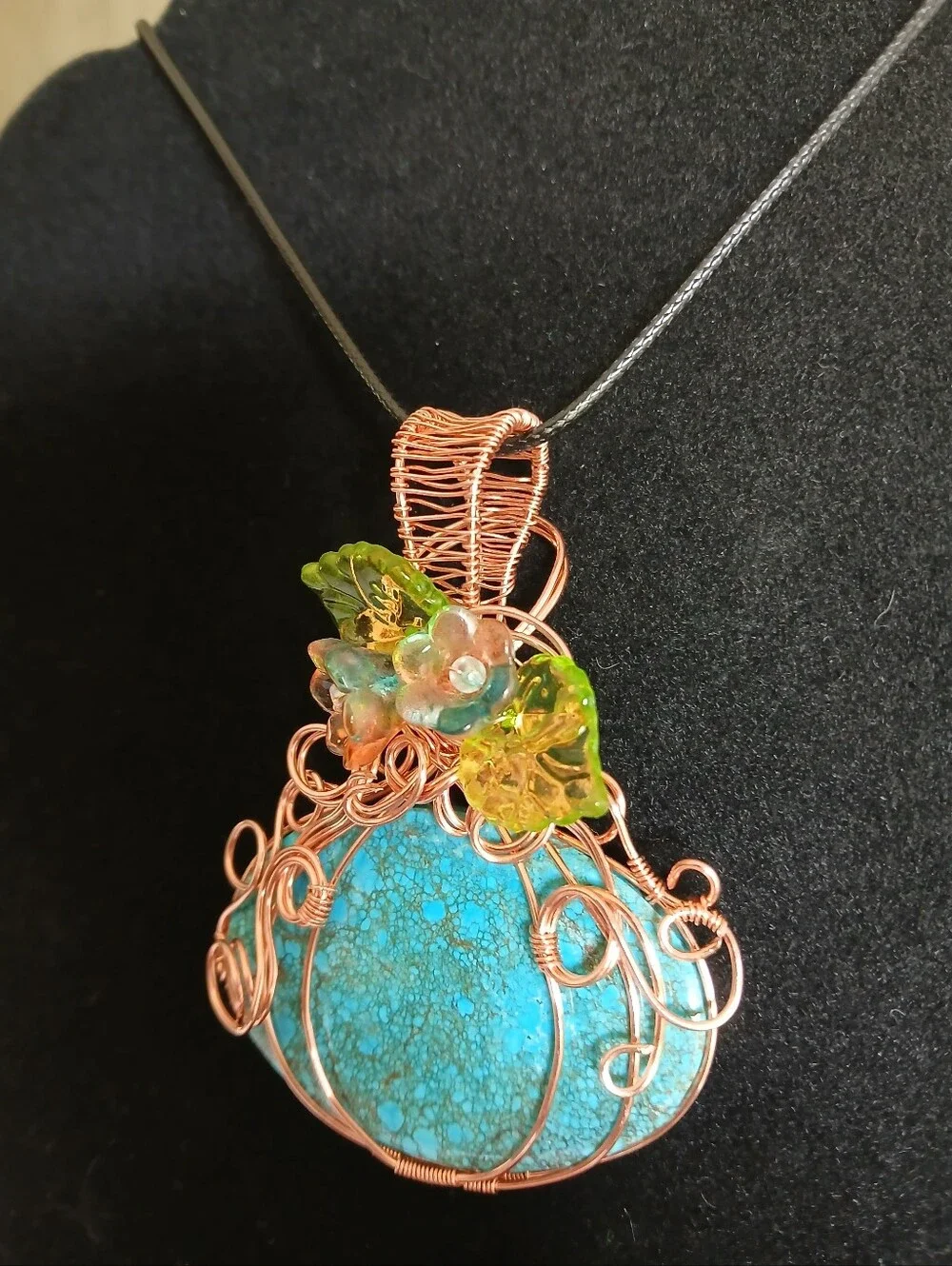 Blue turquoise copper wire wrapped pumpkin necklace with flowers new handmade